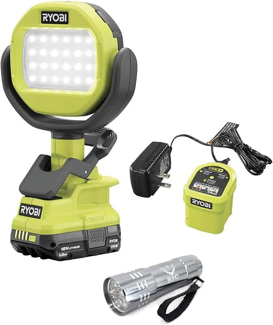 Buho LED Clamp Light Bundle, with 18V Cordless 900 Lumens LED Clamp Light, Pocket Flashlight, 1.5 Ah Lithium-ion Battery and 18-Volt Charger