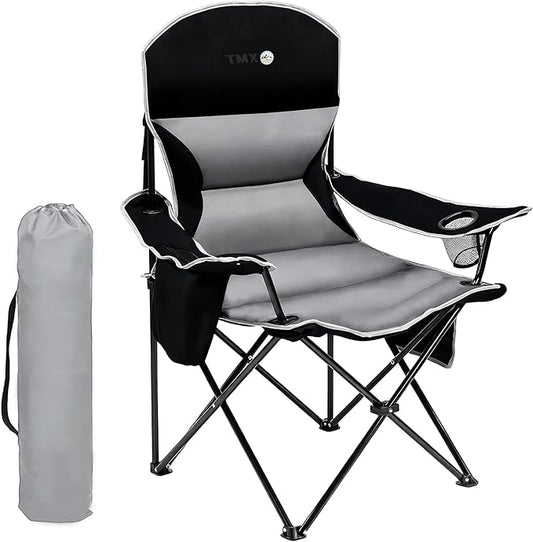 XMT Extra Wide Armrests Portable Folding Chair with Cup Holder Cooler Bag Heavy Duty 600D Oxford Fabric Supports 450lbs Compact Foldable Camping Chair for Outdoor Beach Picnic Sports