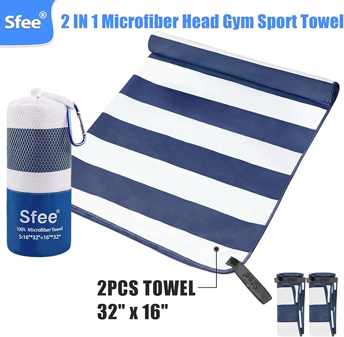 Sfee 2 in 1 Microfiber Travel Towel, Quick Dry Towel Camping Towel Beach Towel Super Absorbent Compact Lightweight Sports Towel Gym Towel Set for Gym, Hiking, Pool, Bath, Yoga (Small: 32''x16'')