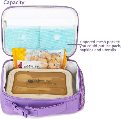 FlowFly Kids Lunch box Insulated Soft Bag Mini Cooler Back to School Thermal Meal Tote Kit for Girls, Boys,Purple#Glitter