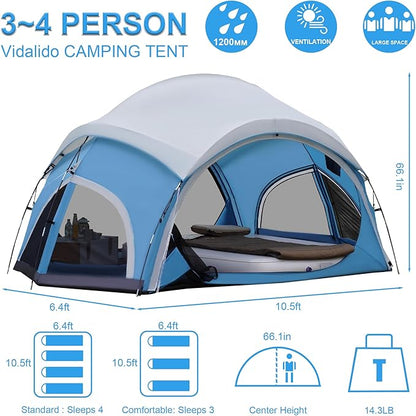 Vidalido 3-4 Person Camping Tent with 2 Large Mesh Door 4 Mesh Window Family Tents, Double Layer Waterproof Portable Easy Setup Camp Tent, Canvas Dome Tents for Camping Outdoor Hiking and Backpacking