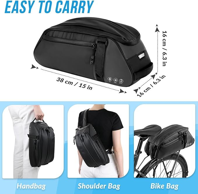 WOTOW Reflective Rear Rack Bag, Water Resistant Bike Saddle Bag Panniers for Bicycles, 8L Trunk Storage Bag, Cycling Back Seat Cargo Carrier Pouch With Shoulder Strap (With Rain Cover)