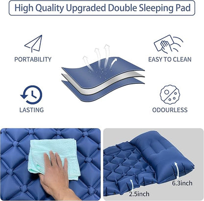Single Sleeping Pad for Camping, Ultralight Inflatable Sleeping Mat with Pillow and Built-in Foot Pump, Portable Camping Mattress for Tent, Backpacking, Hiking, Traveling (Single,Blue)