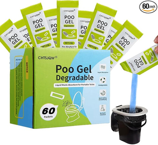 Portable Toilet Absorbent Gel Powder, 60 Pack Poo Gel for Camping Eco Absorbent Gel, Poo Urine Powder for Camping Outdoor Hiking Fast-Acting Gel