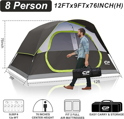 CAMPROS CP Tent 8 Person Camping Tents, Waterproof Windproof Family Tent with Top Rainfly, Large Mesh Windows, Double Layer, Easy Set Up, Portable with Carry Bag, for All Seasons