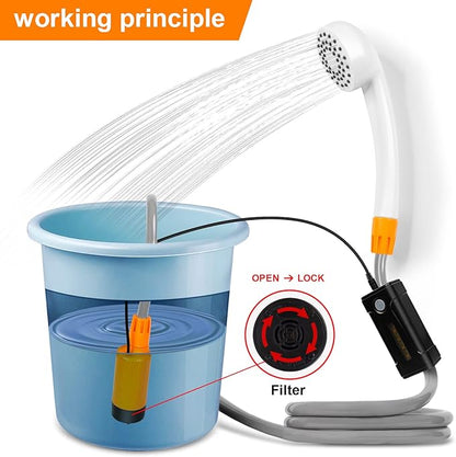 portable outdoor shower, battery driven shower pump, LED lighting, portable shower pump, draws water from a bucket into a stable and gentle shower flow,used for beaches,camping,gardens,hiking,