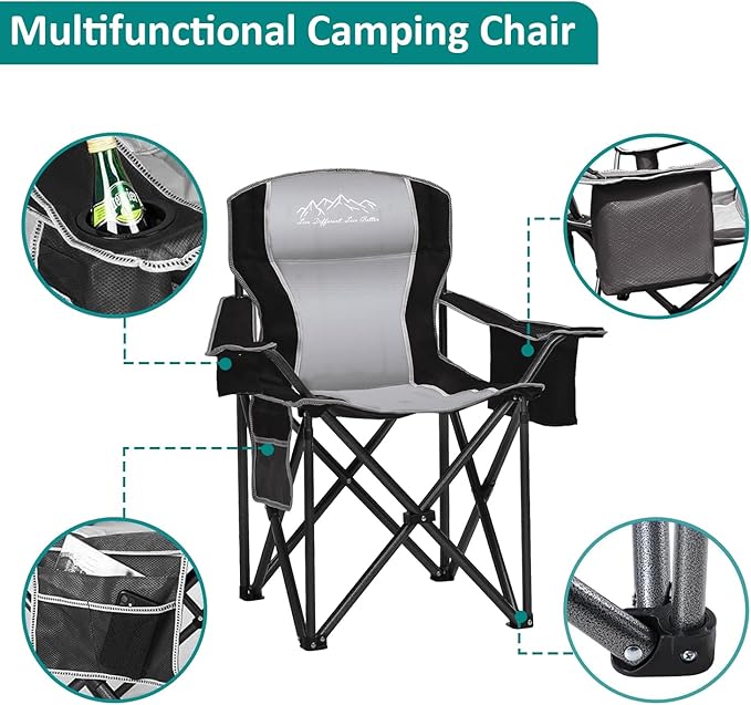 Heavy Duty Folding Camping Chair with Cooler Bag, Cup Holder, Storage Pocket, 450lbs Capacity with Large Anti-Sink Feet, Portable Padded Chair for Camping, Beach, Fishing, Sports, Black