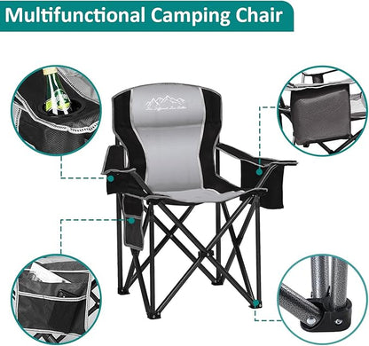 Heavy Duty Folding Camping Chair with Cooler Bag, Cup Holder, Storage Pocket, 450lbs Capacity with Large Anti-Sink Feet, Portable Padded Chair for Camping, Beach, Fishing, Sports, Black