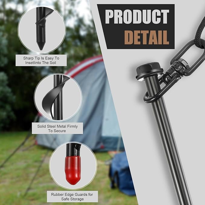Reginary 12 Pcs Ground Anchors Screw in Tent Stakes Heavy Duty Trampoline Anchors High Wind for Camping Canopy Carport Sheds Beach Sand Stakes Metal Swing Set (Black)