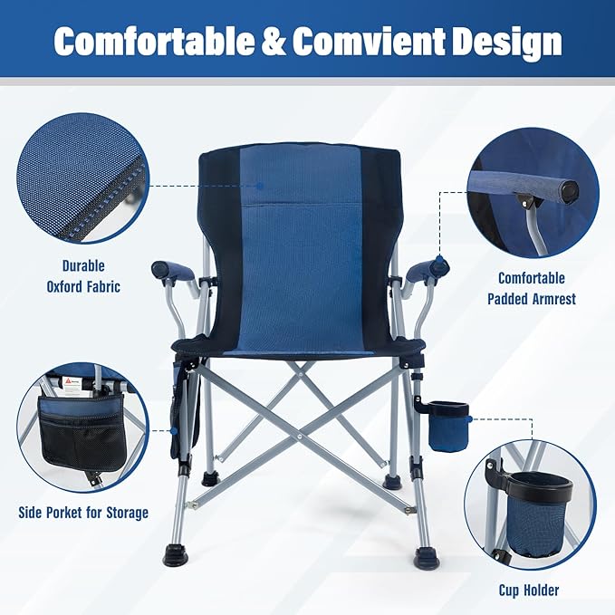 Camping Chair for Adults,Portable Folding Lawn Chair for Outside,Heavy Duty Camping Chair Support up to 330lbs,Collapsible Outdoor Beach Chair with Cup Holder(Navy Blue)