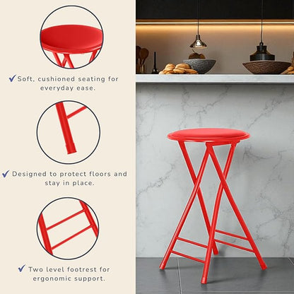Lavish Home Folding Stool Set - Set of Four 24-Inch Padded Stools with 225lb Capacity for Kitchen, Dorm, or Rec Room - Portable Stools for Adults - Collapsible Sitting Stool Set for Seating (Red)