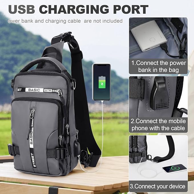 Sling Bag for Men Women, Mini Anti Theft One Strap Motorcycle Sling Backpack, Small Sling Chest Bag Daypack Crossbody Backpack for Casual Travel Hiking Gym Outdoor Sports Grey