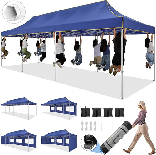 HOTEEL 10x30 Pop up Canopy Tent for Parties, Heavy Duty Easy Setup Tent with 5 Sidewalls, Outdoor Commercial Instant Gazebo for Wedding Event, with Roller Bag & Sand Bags, Dark Blue(Hexagonal Frame)