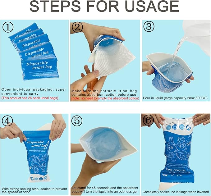 Disposable Urine Bags, 12/24 Pack Camping Pee Bags, Disposable Urinal Bag, Travel Urinal Bag, Toilet Traffic Jam Emergency Portable Toilet for Men Women Kids Patient (Blue-24pack) (12 Pack-Blue)