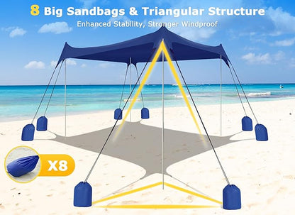 Gorich Beach Tent Sun Shelter with 8 Sandbags, UPF50+ Protection & Windproof Pop Up Beach Canopy Tent Sun Shade for Family, Travel & Camping, Easy Setup Canopy Umbrella