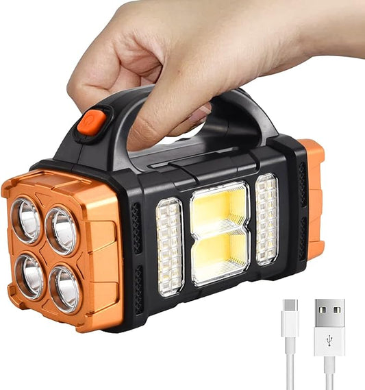 Two Side Solar Handheld Flashlight with COB Sidelight, High Bright 8 Modes Spotlight with USB Cable, Rechargeable Portable LED Searchlight for Outdoor Hunting Boating Camping Emergencies