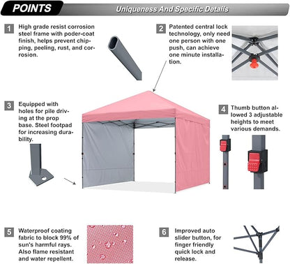 ABCCANOPY Pop up Canopy Tent with 2 Sidewalls for Outdoor Sun Blocking or Rain Protection,10x10, Pink