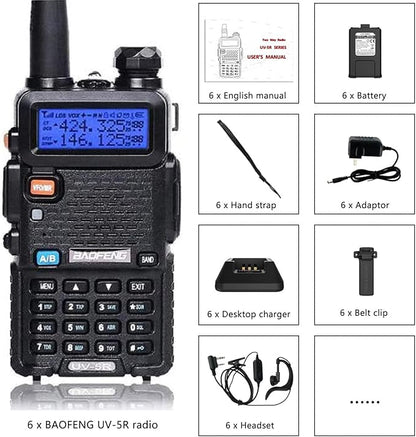 Baofeng UV-5R Dual Band Two Way Radio Handheld Ham Radio Long Range Walkie Talkies Pack of 6 for Hiking Camping Hunting Skiing Trip(Black)