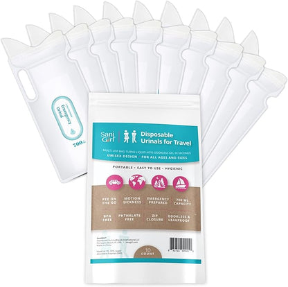 SaniGirl Disposable Urinals | Portable Pee Bags | Travel Urinal for Women Kids Adults Sanitary Emergency Urinal and Motion Sickness Bag Road Trips Travel Essentials (Pack of 10)…