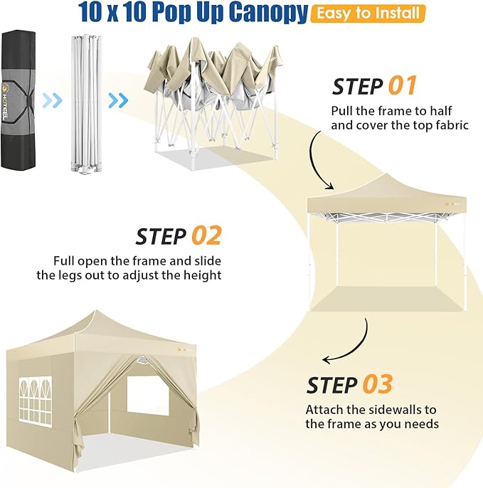HOTEEL 10x10 Pop up Canopy Tent for Parties, Heavy Duty Easy Setup Tent with 4 Sidewalls, Outdoor Commercial Instant Gazebo for Wedding Event, with Portable Bag & Sand Bags, Khaki(Hexagonal Frame)