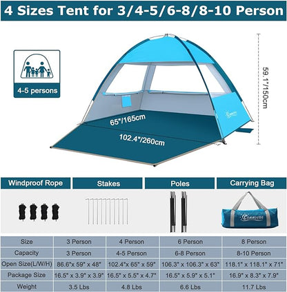 COMMOUDS Beach Tent Sun Shade for 3/4-5/6-7/8-10 Person, UPF 50+ Beach Sun Shelter Canopy Tent, Lightweight, Easy Set Up and Carry