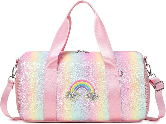 Ballet Dance Bag for Girls Dancers Shiny Rainbow Glitter Sports Duffle Bag for Kids Girls Ballerina Duffle with Shoulder Strap and Waterproof Wet Pocket