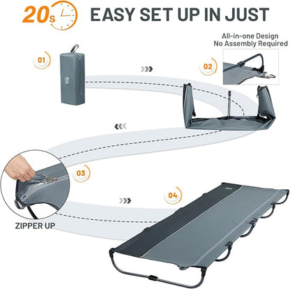 TIMBER RIDGE Lightweight Aluminum Camping Cot, 20-Second Quick Set-Up Folding Cot with Zipper Closure, Portable Carry Bag Included for Camping, Travel and Outdoors, Support up to 225lbs, Grey