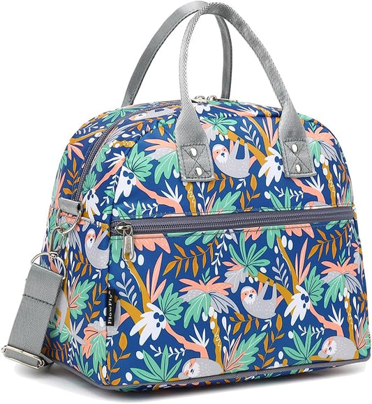 FlowFly Insulated Lunch Bag With Shoulder Strap for Women, Men, and Kids, Large and Reusable, Handle, Freezable Work and School Travel Tote and Meal Prep Organizer,Sloth