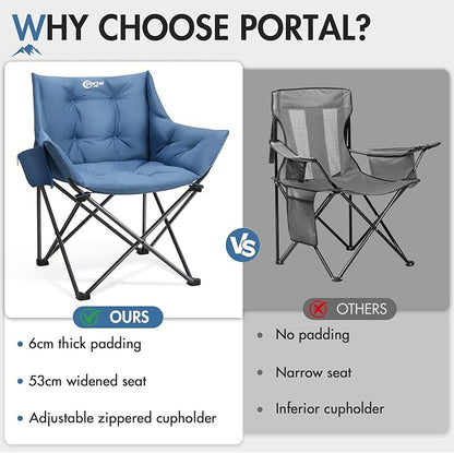 Portal Oversized Padded Camping Chair - Heavy Duty Folding Chair with Cup Holder & Side Pocket, Supports 330 lbs, for Camping, Lawn, Sports, Blue