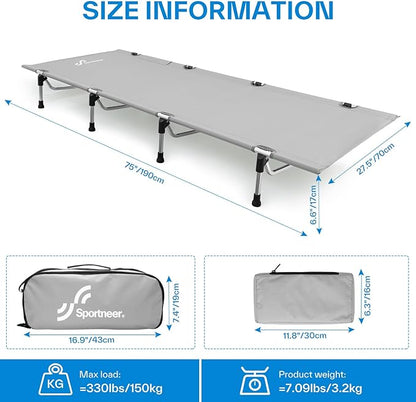 Sportneer Camping Cot, Folding Cots Lever Lock Portable Lightweight Sleeping Camping Bed for Adults Outdoor Travel Backpacking Camp Hiking Supports 330lbs