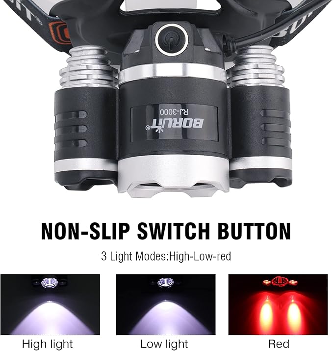 BORUIT RJ-3000 LED Rechargeable Headlamp with Red Light Super Bright 5000 Lumens Hunting Head Lamp 3 Mode Waterproof Head Light for Adult Fishing Camping Headlight Gear