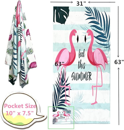 Beach Towel Oversized,Thin Microfiber Beach Towel ,Super Absorbent Quick Dry Sand Free Cute Flamingo Cool Swim Beach Towels for Kids,Men,Women,Boys,Girls with Zipper Pocket Travel Bag (flamingos)