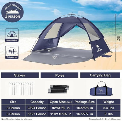 CAMEL CROWN Beach Tent UPF 50+ Sun Shelter for 2/3/5/6 Person, Lightweight Portable Sun Shade with Sand Anchor, Family Beach Day & Outdoor Adventures