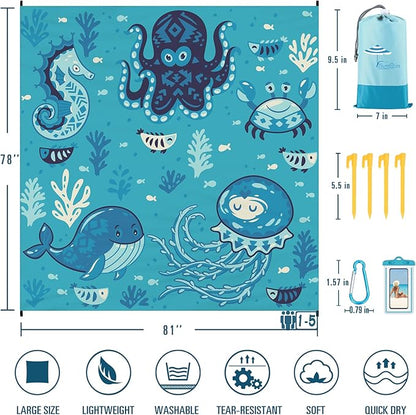Beach Blanket Sandproof Waterproof 78''×81''1-5Adults Oversized,Compact Lightweight Durable Beach Mat for Travel Camping Hiking Picnic Blanket