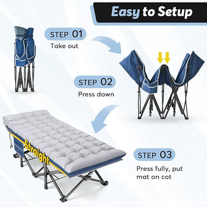 Slendor Oversized XXL Camping Cot, Folding Cot for Adults, 79" L x 32" W x 19" H Sleeping Cot with Mattress, Carry Bag, Camp Cot Bed for Travel, Guest, Support 500lbs, Blue Cot+ Grey Pad