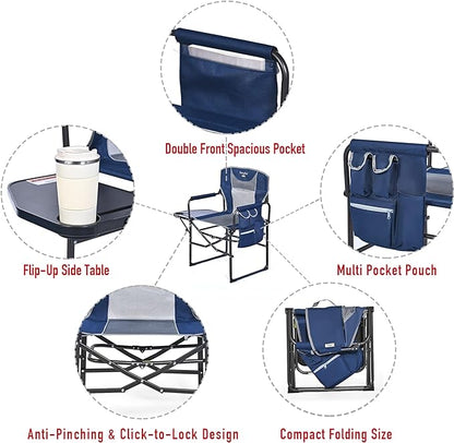 SUNNYFEEL Camping Directors Chair, Heavy Duty,Oversized Portable Folding Chair with Side Table, Pocket for Beach, Fishing,Trip,Picnic,Lawn,Concert Outdoor Foldable Camp Chairs