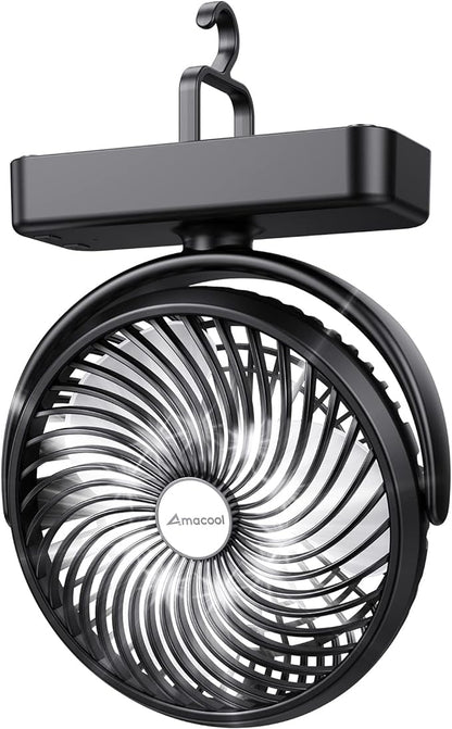 10000mAh Battery Operated Camping Fan with LED Light-7 inch USB Fan with Hanging Hook for Tent Car RV Hurricane Emergency Outage