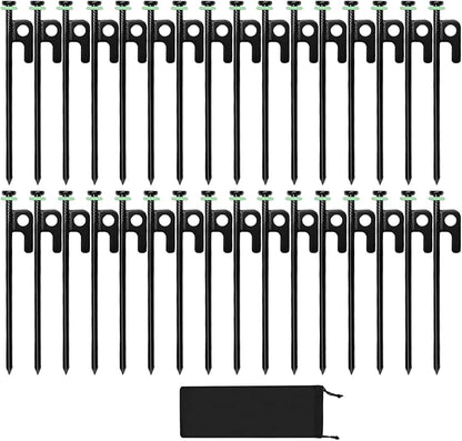 32Pcs Tent Stakes, 8in Heavy Duty Tent Stakes with Storage Pouch, Forged Steel Tent Sakes Metal, Metal Stakes for Tent Used on Grassland, Snowfield, Dessert(32Pcs, 8in, Diameter 1/4")