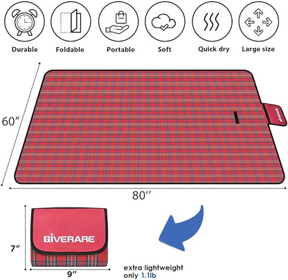GIVERARE Picnic Beach Blanket, XL Sandfree Waterproof Outdoor Camping Blankets, Quick Drying Family Mat, Portable Extra Large Mats for Travel, Hiking, Music Festival, Lawn-Red