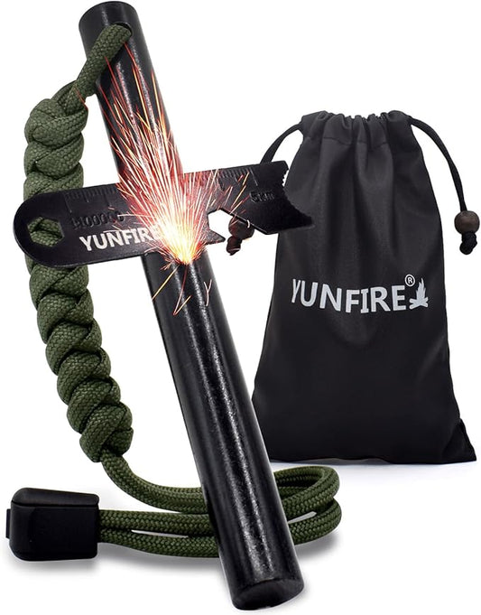 YUNFIRE Fire Starter-5" x 1/2" Thick Ferro Rod with Multi-Tool Striker & Type 550 Paracord, 25,000+ Strikes, Drilled Flint Fire Steel for Emergency Survival, Camping, Hiking