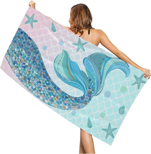 Mermaid Beach Towel, Cute Quick Dry Thin Mermaid Tail Absorbent Bath Towel for Girls & Womens, Kids Fantasy Summer Lightweight Beach Blanket for Travel Pool Yoga Sports 30 x 60 in