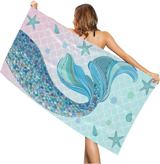 Mermaid Beach Towel, Cute Quick Dry Thin Mermaid Tail Absorbent Bath Towel for Girls & Womens, Kids Fantasy Summer Lightweight Beach Blanket for Travel Pool Yoga Sports 30 x 60 in