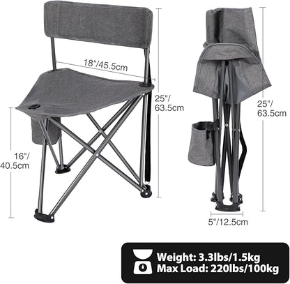 REDCAMP 2 Pack Tripod Camping Chairs Folding Lightweight, Portbal 3 Legged Tripod Stool Seat with Cup Holders, Small Fishing Chairs Compact for Adults Golf, Hunting,Dark Grey