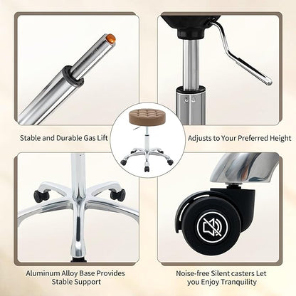 Rolling Stools with Wheels (300lbs Capacity) (Adjustable Height 20"-27") Brown Leather Manicure Guitar Lash Stool (Coffee Brown)
