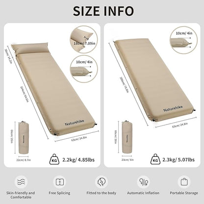 Naturehike 4"/10cm Ultra Thick Foam Self Inflating Sleeping Pad, R9.5 Patchwork Sleeping Mats with 75D Fabric, 4 Seasons Air Mattress for Camping, Travel, Car, Tent, Cot, Hiking