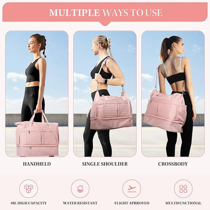 Maelstrom Gym Bag for Women,40L Travel Duffel Bag with Shoes Compartment and Wet Pocket,Waterproof Carry On Weekender Bag,Sport Gym Tote Bags Swimming Yoga, Hospital Holdalls-Pink
