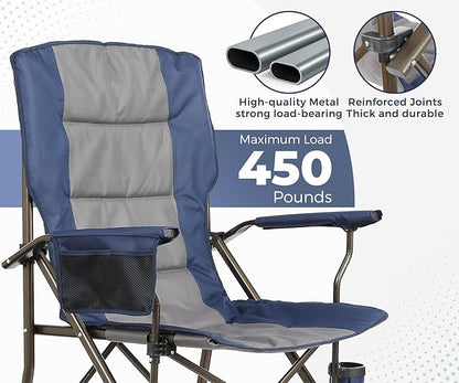 Large High Back Camping Chair for Adults - Oversized Comfortable for Tall People - Heavy Duty 450lbs Capacity K-Frame, Padded Seat & Armrests for Sitting Fishing Lawn Outside, Cup Holder (Blue)
