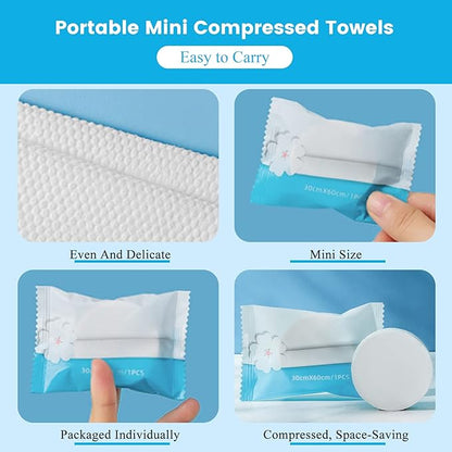 100 Pieces Compressed Towels Tablets, Portable Disposable Cotton Hypoallergenic Dehydrated Expandable Compressed Face Towels Travel Washcloths Coin Tissues for Home Beauty and Outdoors Hiking Camping