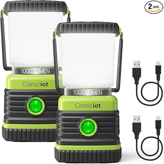 LED Camping Lantern Rechargeable, Consciot Camping Lights, 1000LM, 4 Light Modes, 4400mAh Power Bank, IPX4 Waterproof, Dimmable Tent Lights for Emergency, Power Outages, USB C Cable Included, 2 Pack