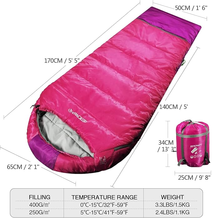 REDCAMP Kids Mummy Sleeping Bag for Camping, 3 Season Cold Weather Sleeping Bag Fit Boys,Girls & Teens, Blue/Rose Red